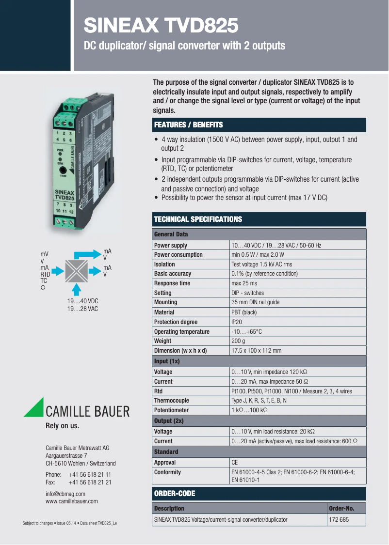 Page n°1 - Fiche technique Gossen Metrawatt SINEAX TVD825