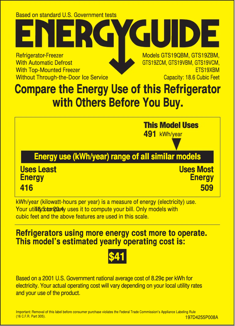 Página 1 del manual Etiqueta energética GE GTS19QBMBB