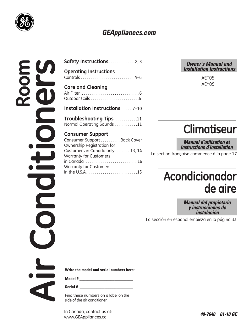 Page n°1 - Manuel d'utilisation et d'entretien GE AEY05LN
