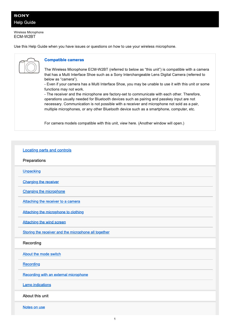 Page 1 de la notice Manuel utilisateur Sony ECM-W2BT