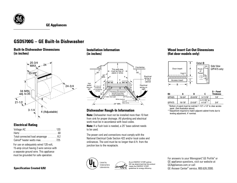 Página 1 del manual Ficha técnica GE GSD5700GBB