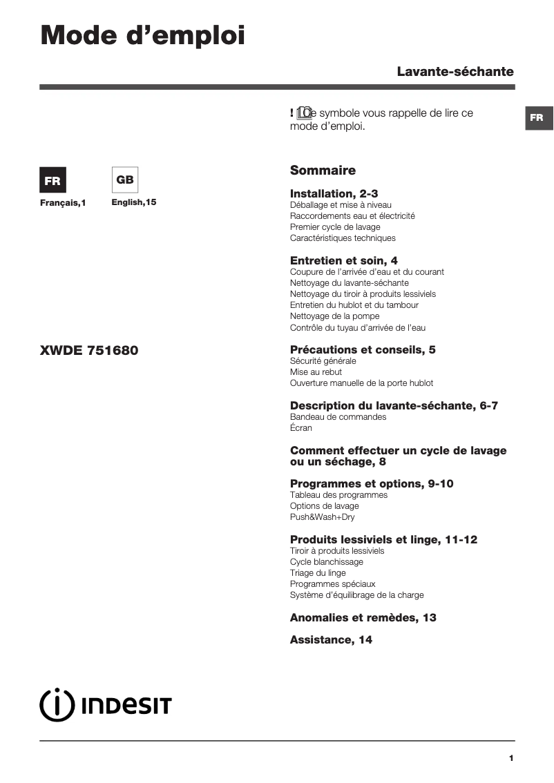 Page 1 de la notice Manuel utilisateur Indesit XWDE 751680X K FR