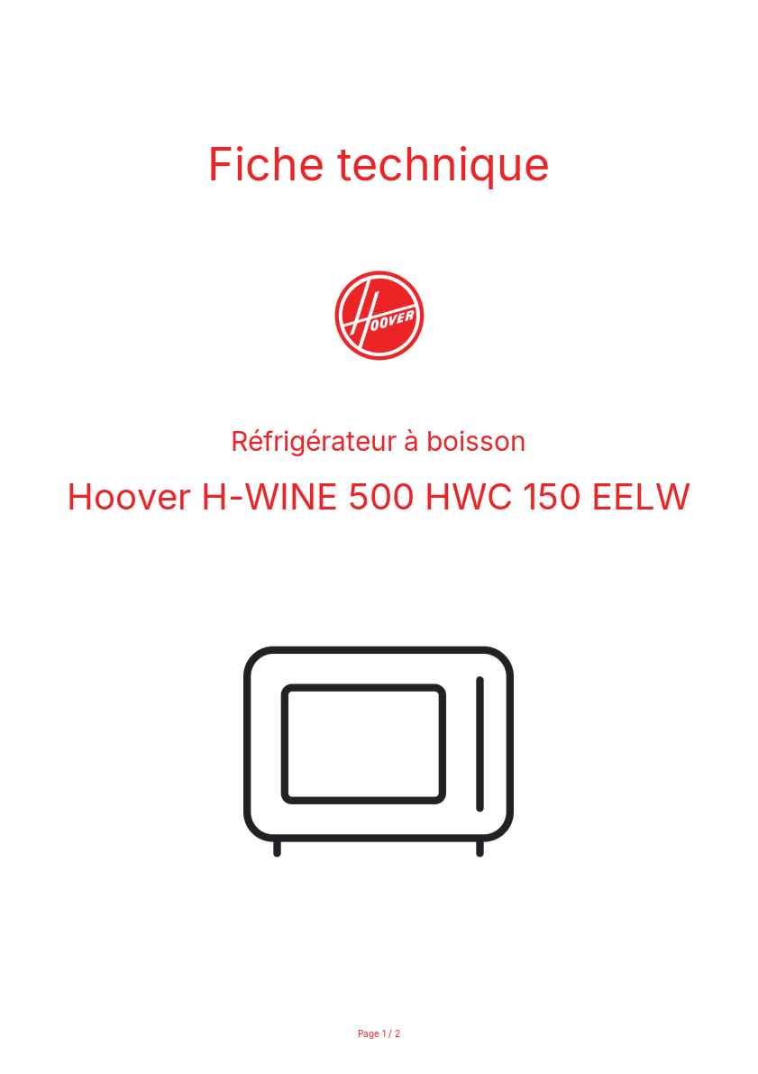 Page n°1 - Fiche technique Hoover H-WINE 500 HWC 150 EELW