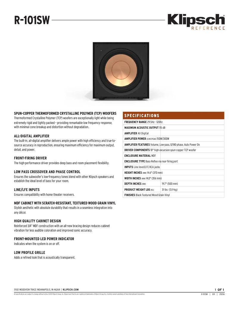 Page 1 de la notice Fiche technique Klipsch R-101SW