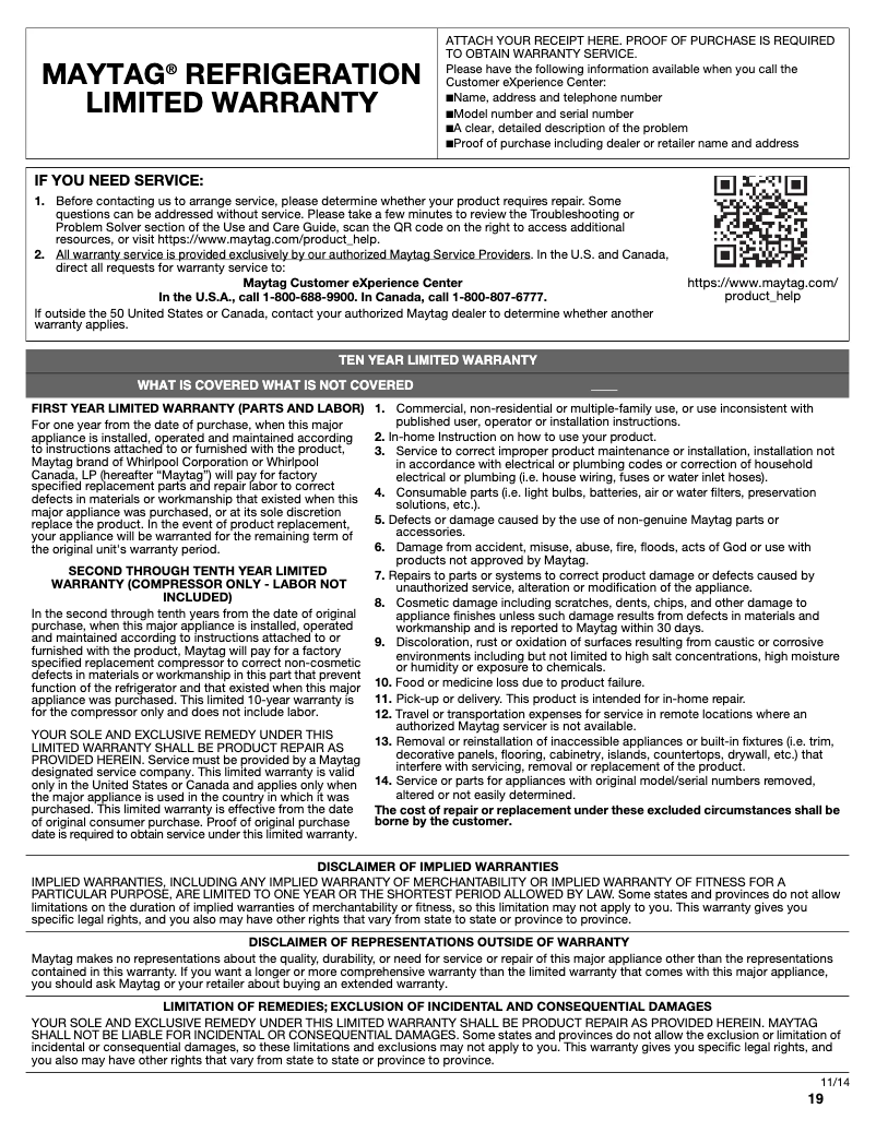 Page 1 de la notice Informations de garantie Maytag MRT311FFFH