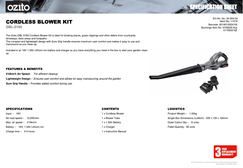 Página 1 del manual Ficha técnica Ozito OBL-0185