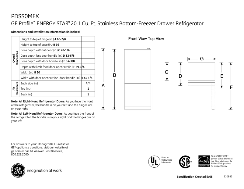 Page n°1 - Fiche technique GE Profile PDSS0MFXRSS