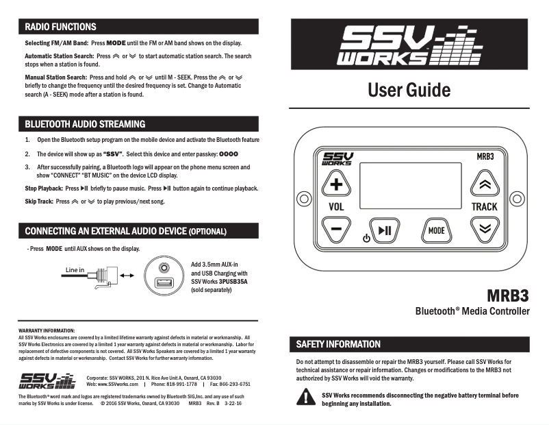 Page 1 de la notice Manuel utilisateur SSV Works MRB3