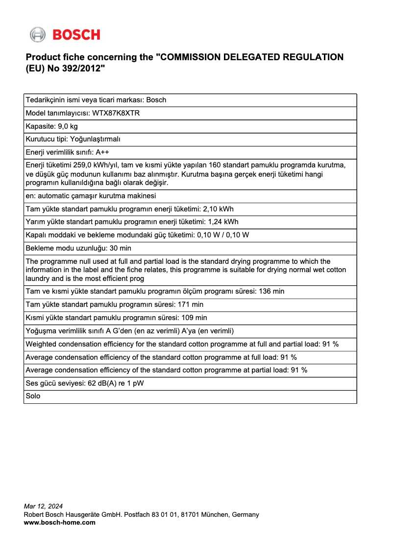 Page 1 de la notice Fiche technique Bosch WTX87K8XTR