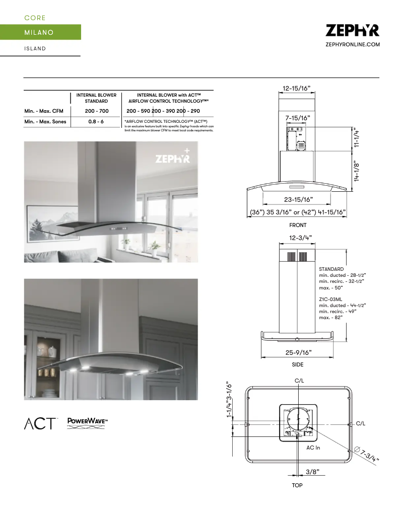 Page 1 de la notice Fiche technique Zephyr ZML-E42CG