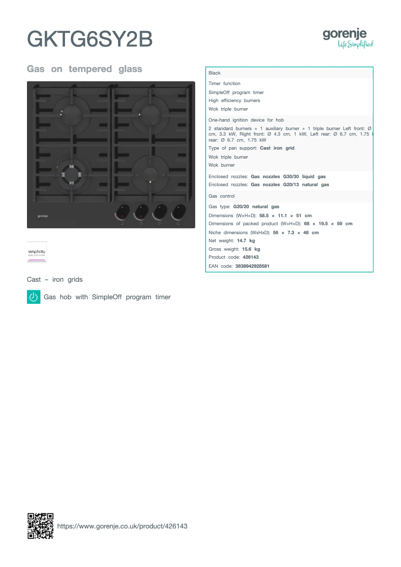 Page 1 de la notice Fiche technique Gorenje GKTG6SY2B