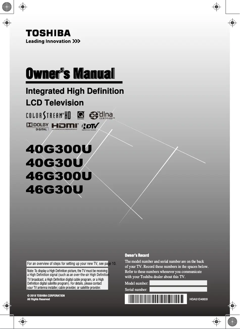 Image de la première page du manuel de l'appareil Regza 46G300U