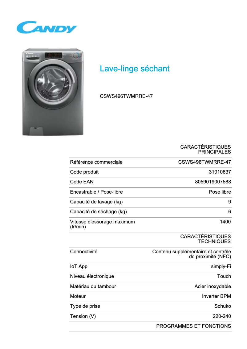 Page 1 de la notice Fiche technique Candy CSWS496TWMRRE-47