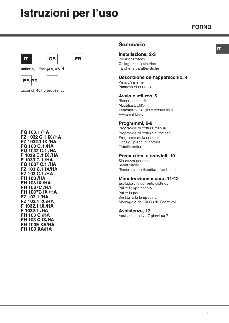 Page 1 de la notice Manuel utilisateur Hotpoint Ariston FH 103 IX/HA