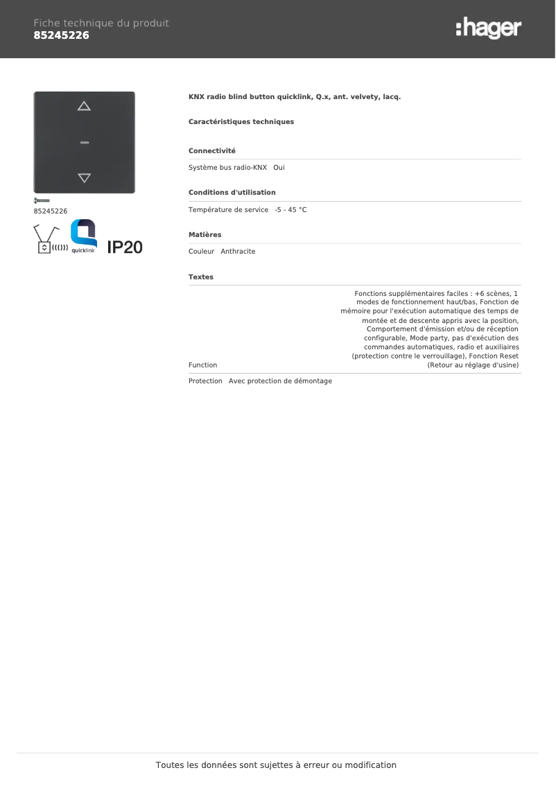 Page n°1 - Fiche technique Hager 85245226