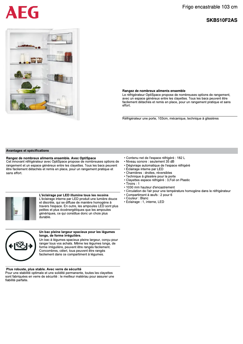 Page 1 de la notice Fiche technique AEG SKB510F2AS