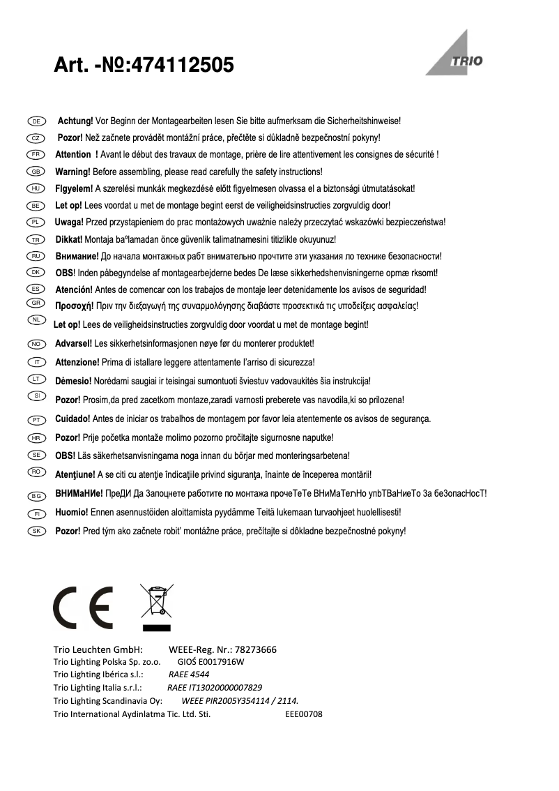 Page 1 de la notice Manuel utilisateur Trio Lighting Marius 474112505