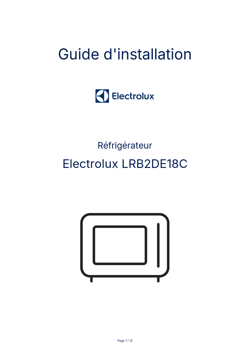 Page n°1 - Guide d'installation Electrolux LRB2DE18C