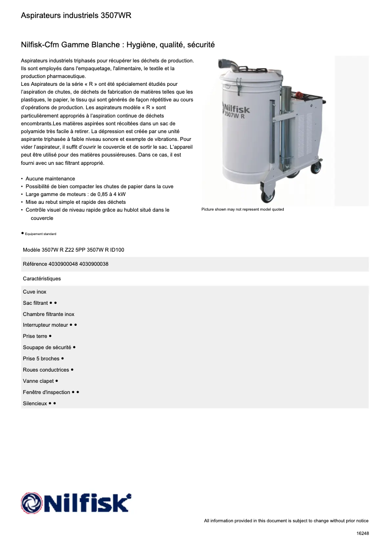 Page 1 de la notice Fiche technique Nilfisk 3507