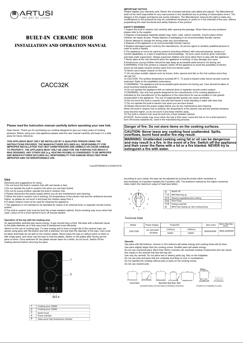 Page 1 de la notice Manuel utilisateur Artusi CACC32KX