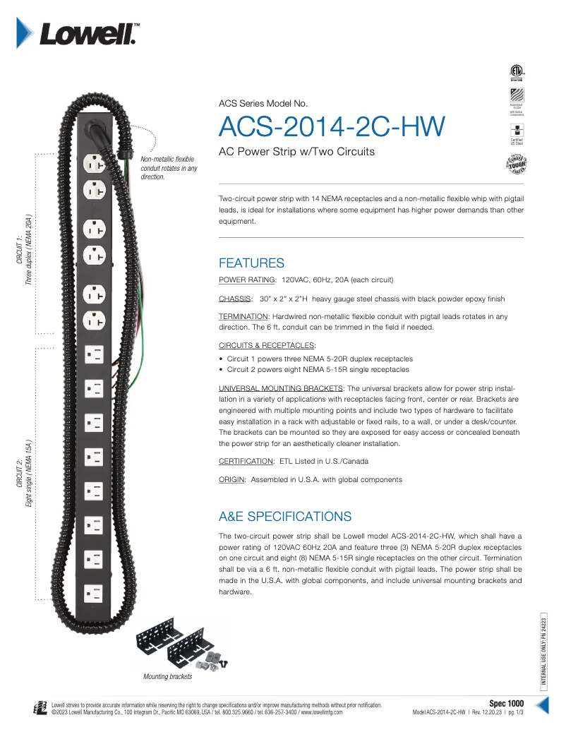 Page 1 de la notice Manuel utilisateur Lowell ACS-2014-2C-HW
