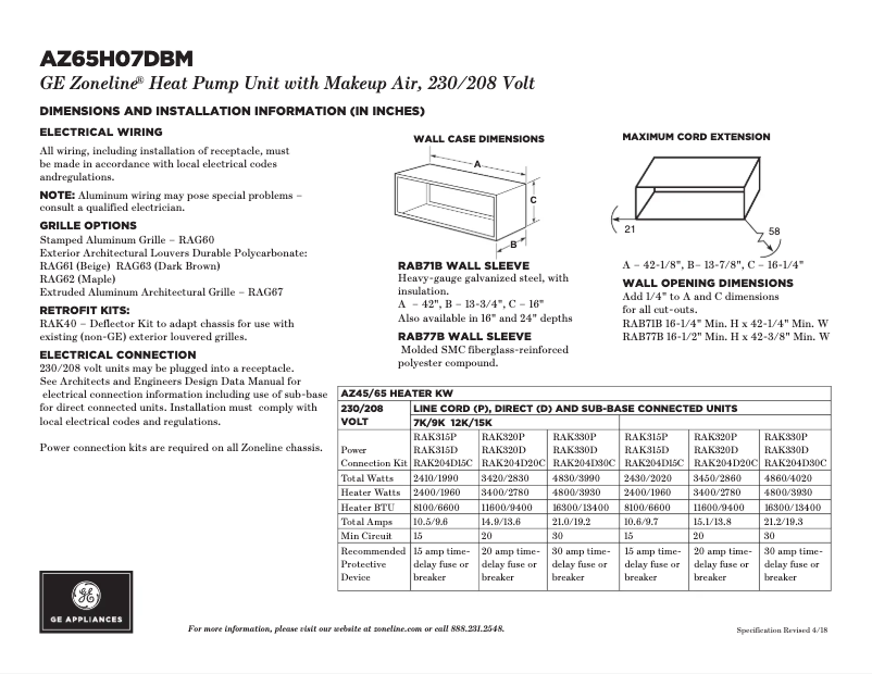 Page 1 of the manual Technical Sheet GE AZ65H07DBM