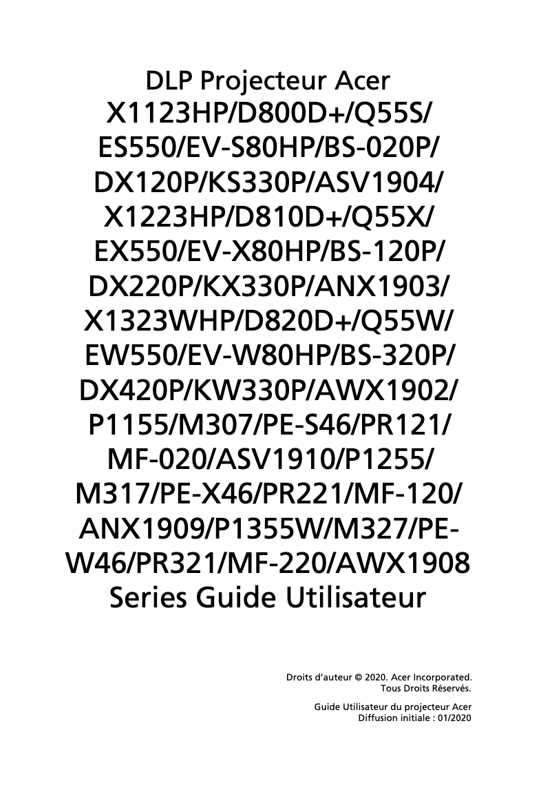 Page 1 de la notice Manuel utilisateur Acer X1223HP