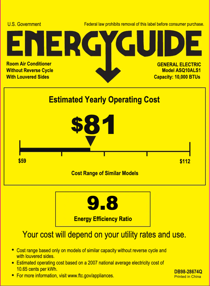 Page n°1 - Label énergétique GE ASQ10AL