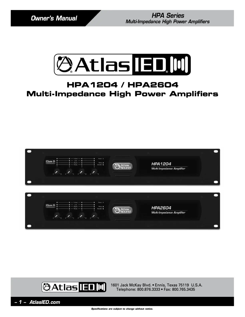 Page n°1 - Manuel utilisateur Atlas Sound HPA1204