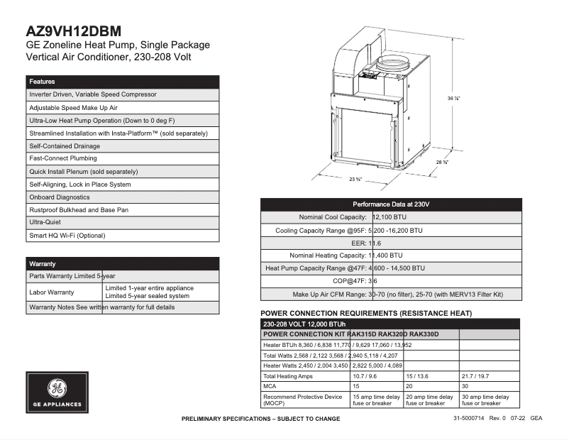 Page n°1 - Fiche technique GE AZ9VH12DBM