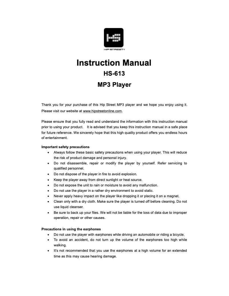 Page 1 de la notice Manuel utilisateur Hipstreet HS-613