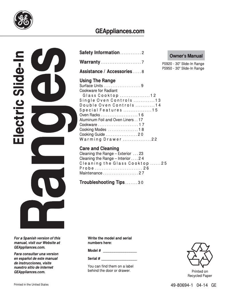 Page 1 de la notice Mode d'emploi GE Profile PS920SFSS