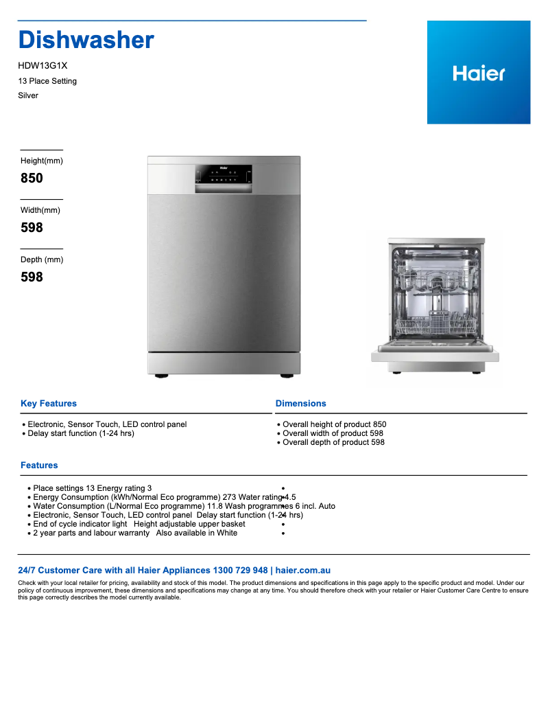 Página 1 del manual Ficha técnica Haier HDW13G1X