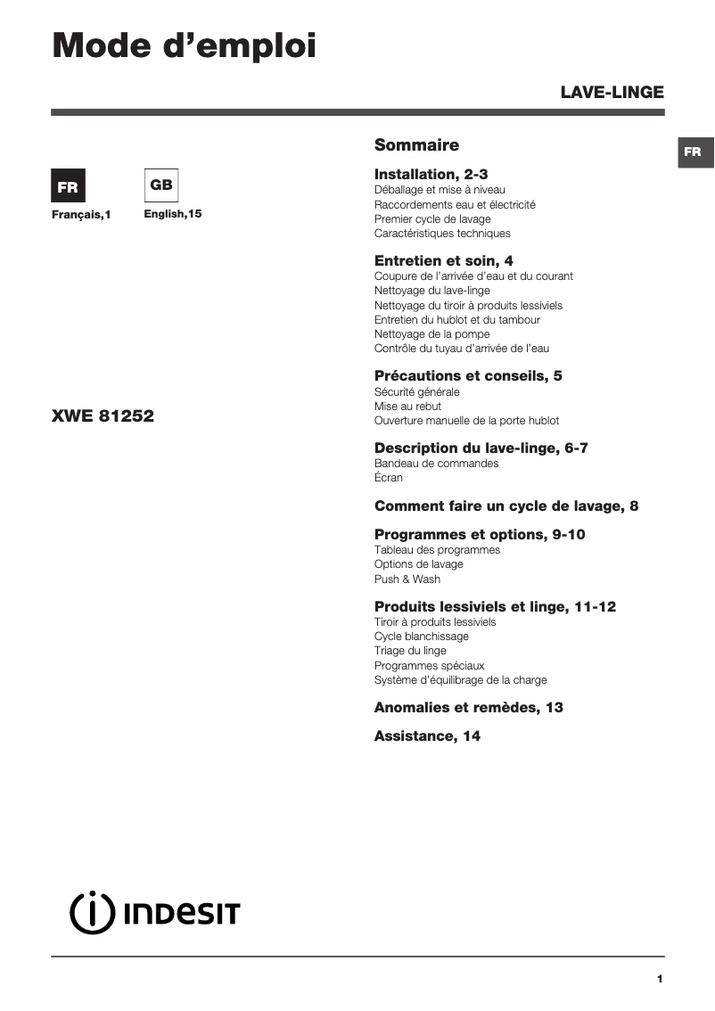 Page n°1 - Manuel utilisateur Indesit XWE 81252