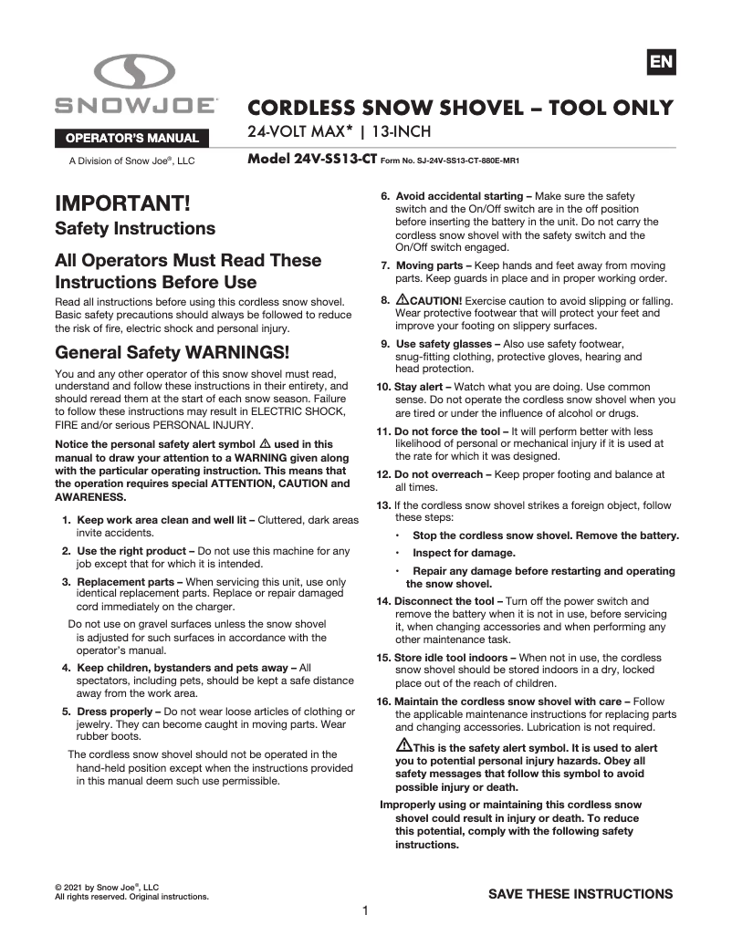 Page n°1 - Manuel utilisateur Snow Joe 24V-SS13-CT