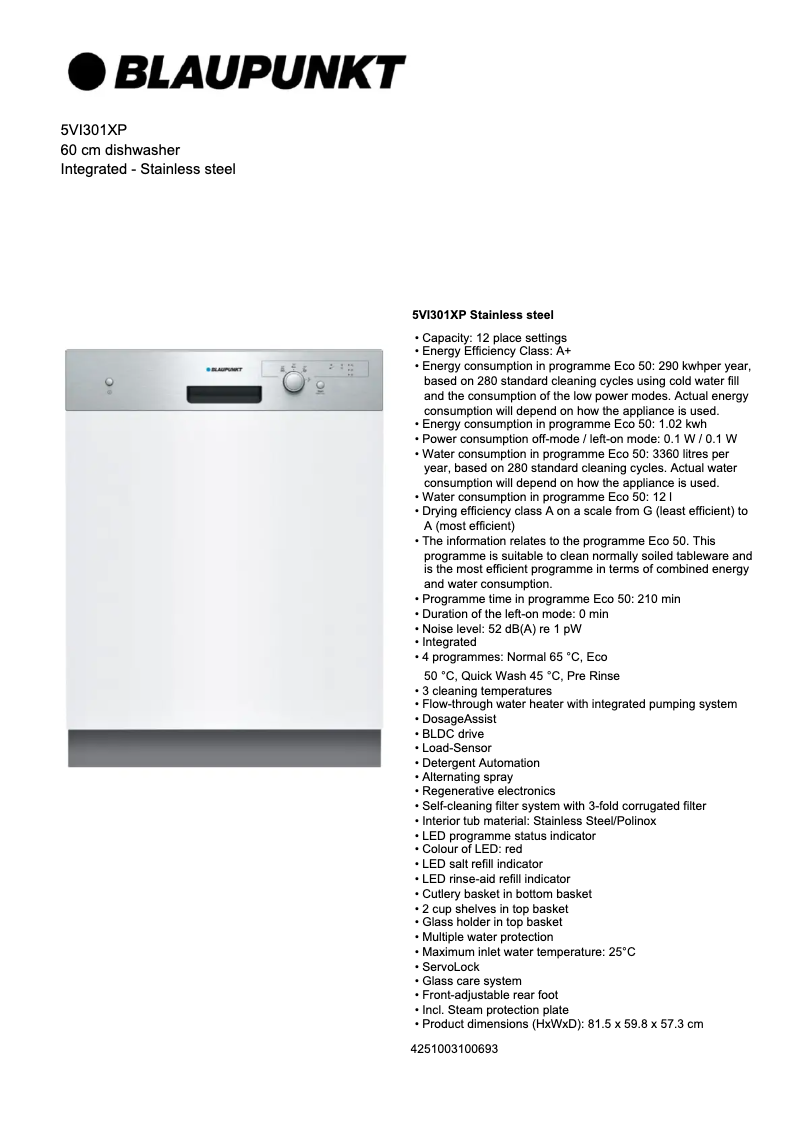 Page 1 de la notice Fiche technique Blaupunkt 5VI 301XP