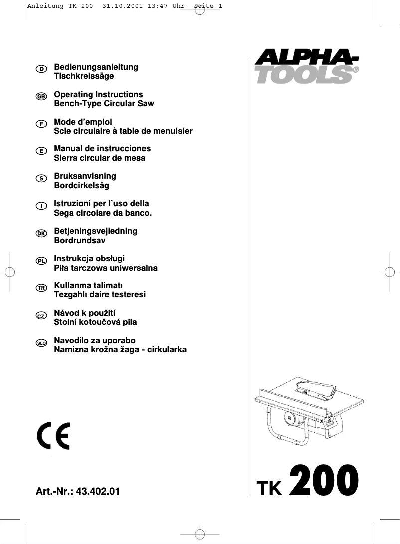 Page 1 de la notice Manuel utilisateur Alpha Tools TK 200