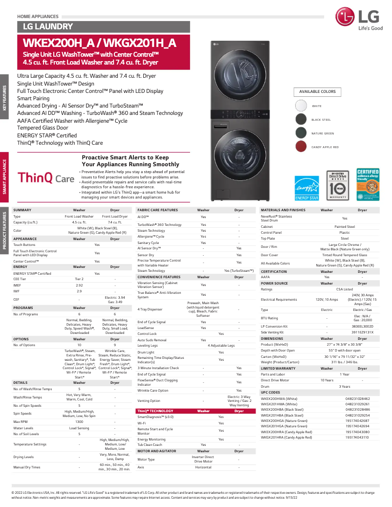 Page 1 of the manual Technical Sheet LG WKGX201HGA