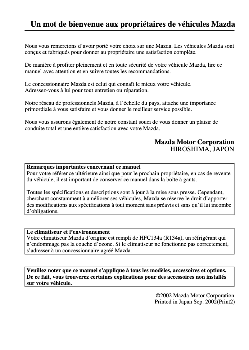 Page 1 de la notice Manuel utilisateur Mazda MPV (2003)