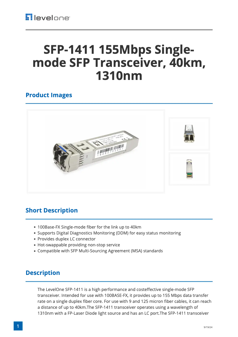Page n°1 - Fiche technique LevelOne SFP-1411