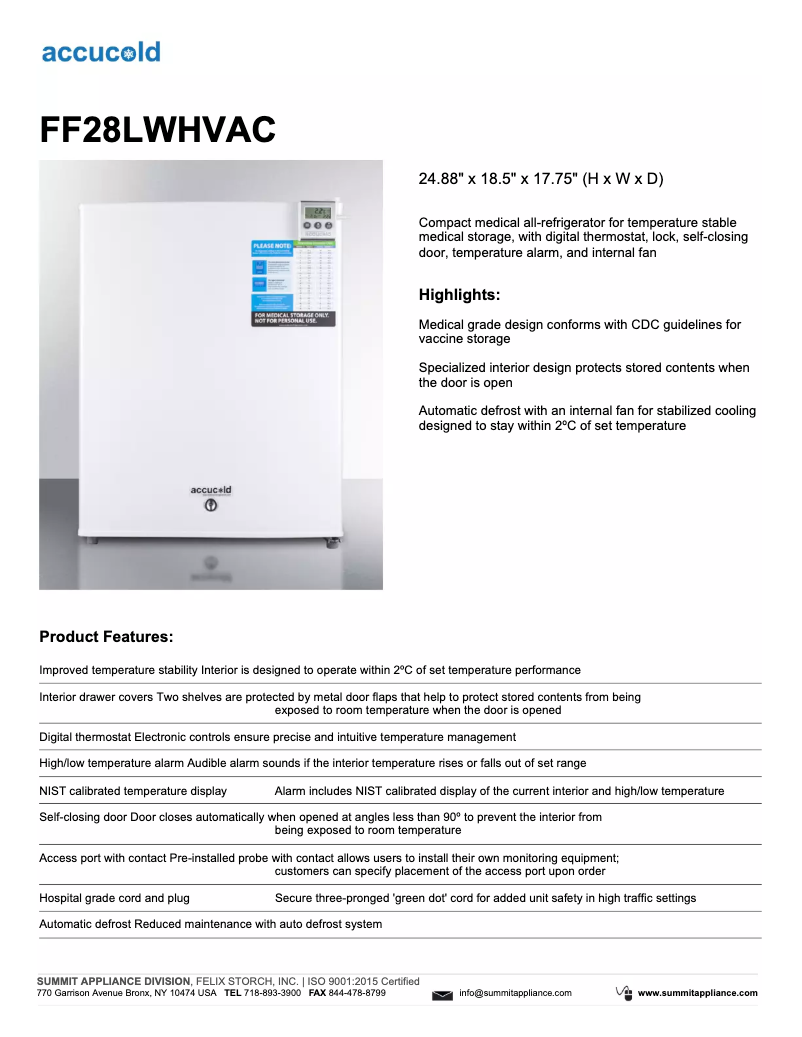 Image de la première page du manuel de l'appareil Accucold FF28LWHVAC