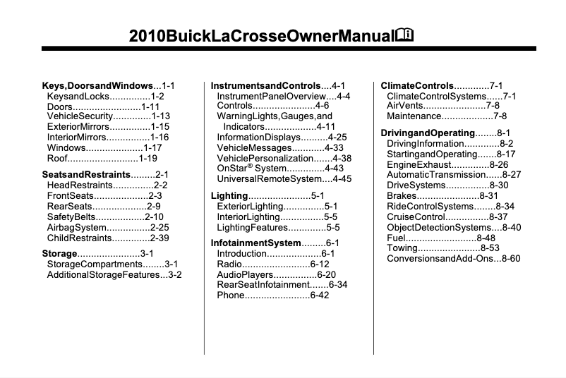 Page 1 de la notice Manuel utilisateur Buick Lacrosse (2010)