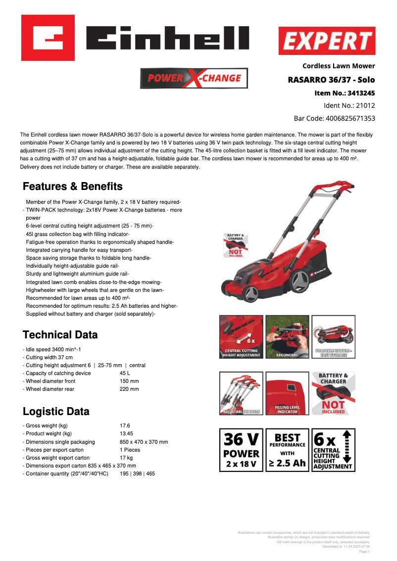 Page 1 de la notice Manuel utilisateur Einhell Rasarro 36/37