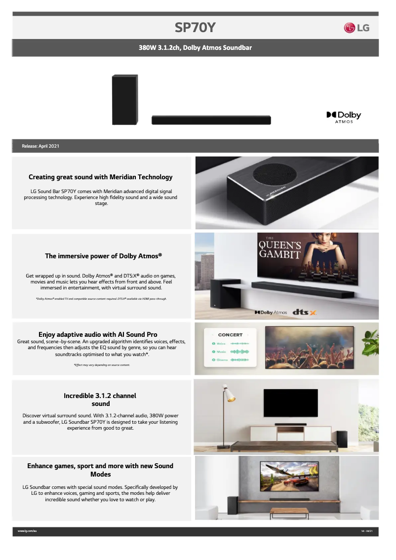 Page 1 de la notice Fiche technique LG SP70Y