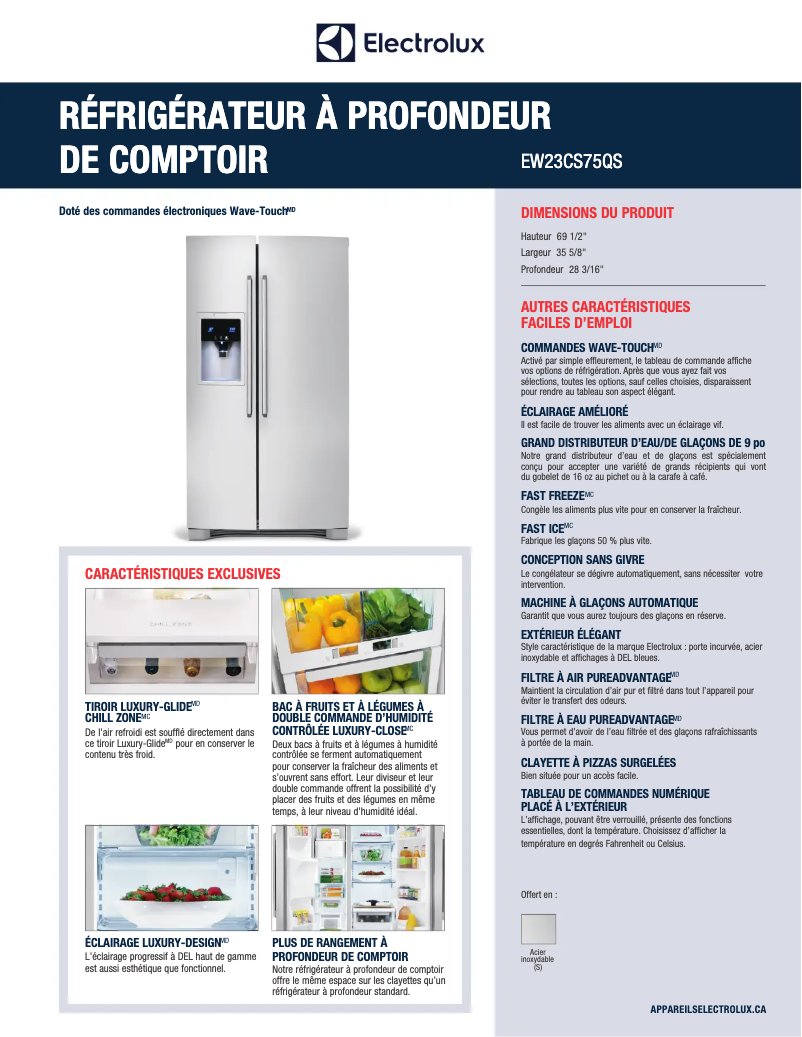 Page 1 de la notice Fiche technique Electrolux EW23CS75QS