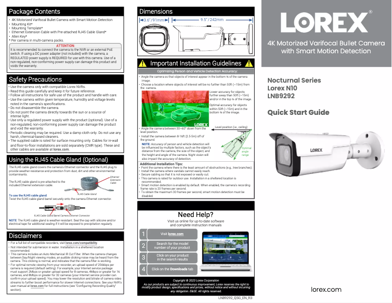 Page 1 de la notice Guide de démarrage rapide Lorex LNB9292