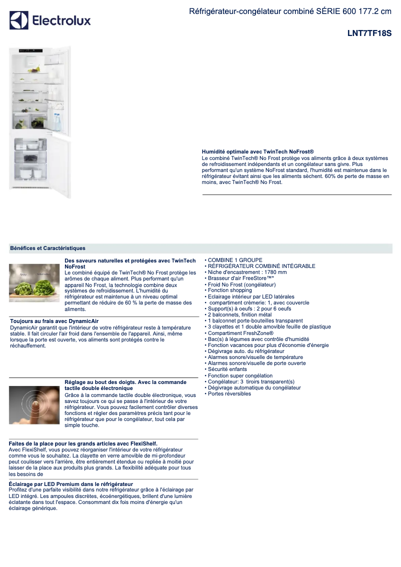 Page 1 de la notice Fiche technique Electrolux LNT7TF18S