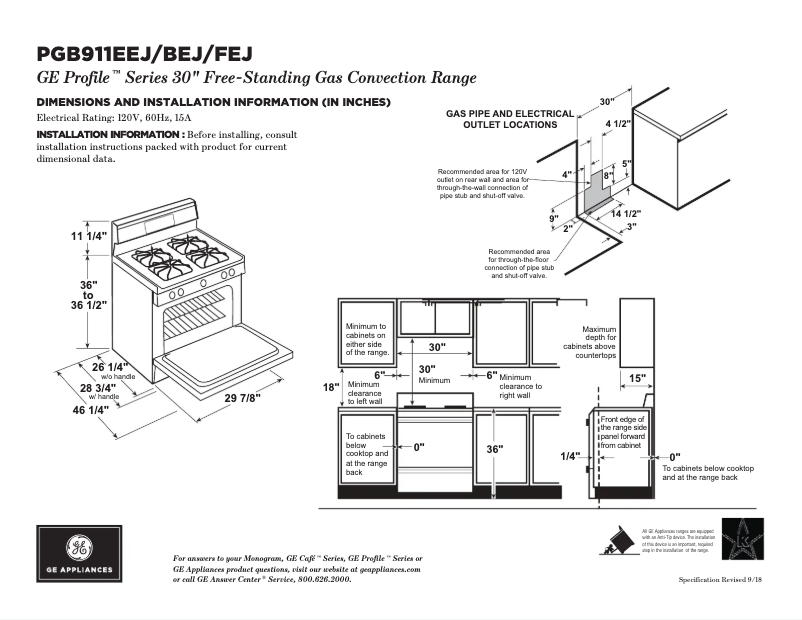 Page 1 de la notice Fiche technique GE Profile PGB911FEJDS