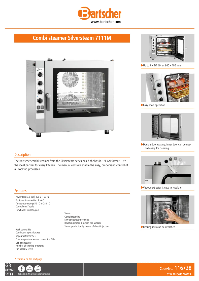 Page 1 de la notice Fiche technique Bartscher 116728