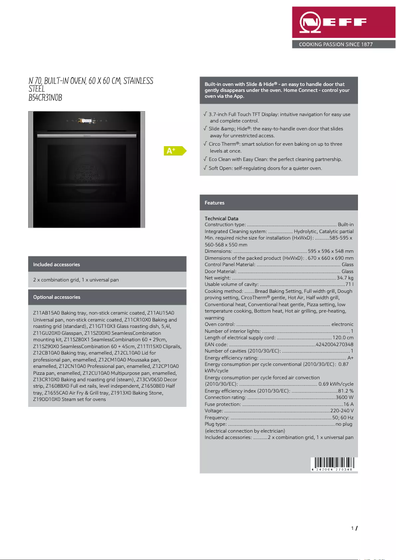 Page 1 de la notice Fiche technique Neff B54CR31N0B